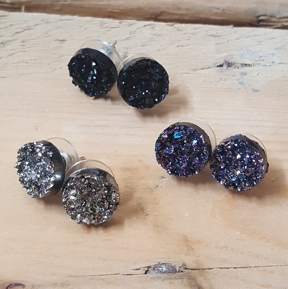 3 pair druzy stone earring set